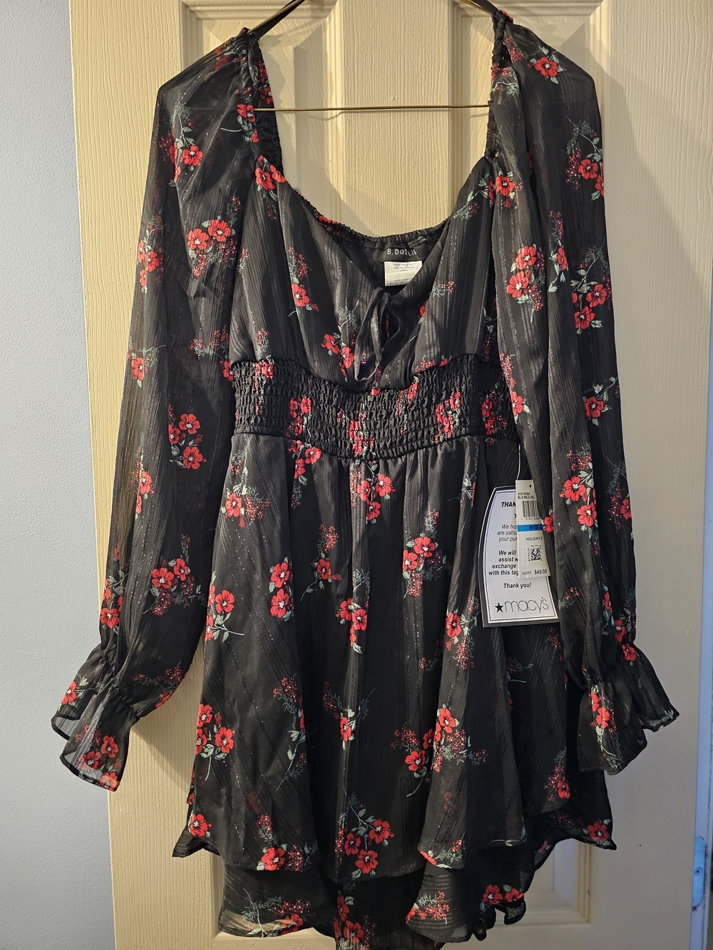 Macy's Black Long-Sleeve Floral Smocked-Waist Shirt NWT 9/10